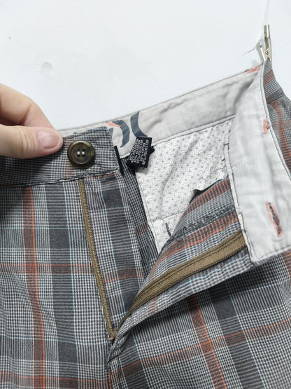 Vintage Hurley Plaid Shorts Grey Orange Y2K Skater Grunge Surf Longline 28W