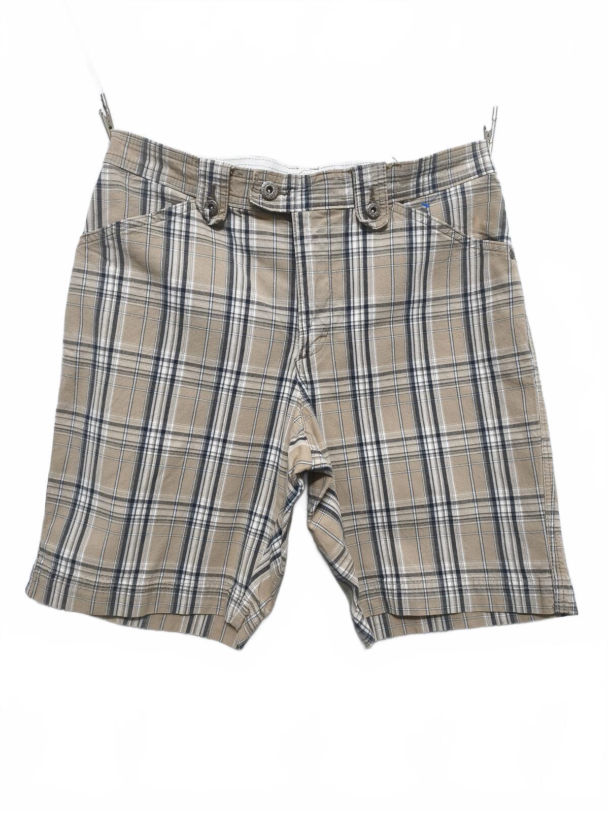 Vintage Lee Plaid Check Shorts Beige Navy Comfort Stretch Summer Prep 32W