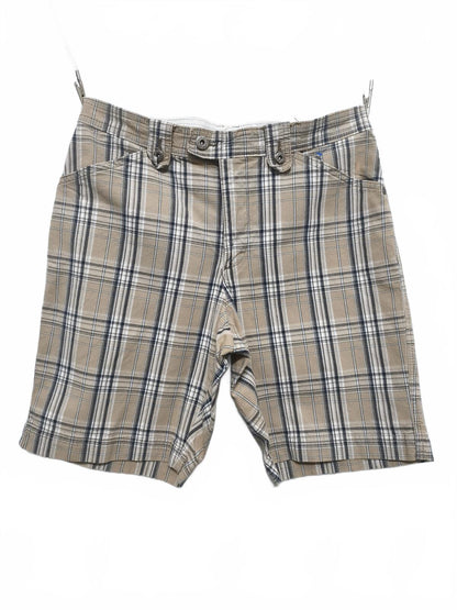 Vintage Lee Plaid Check Shorts Beige Navy Comfort Stretch Summer Prep 32W