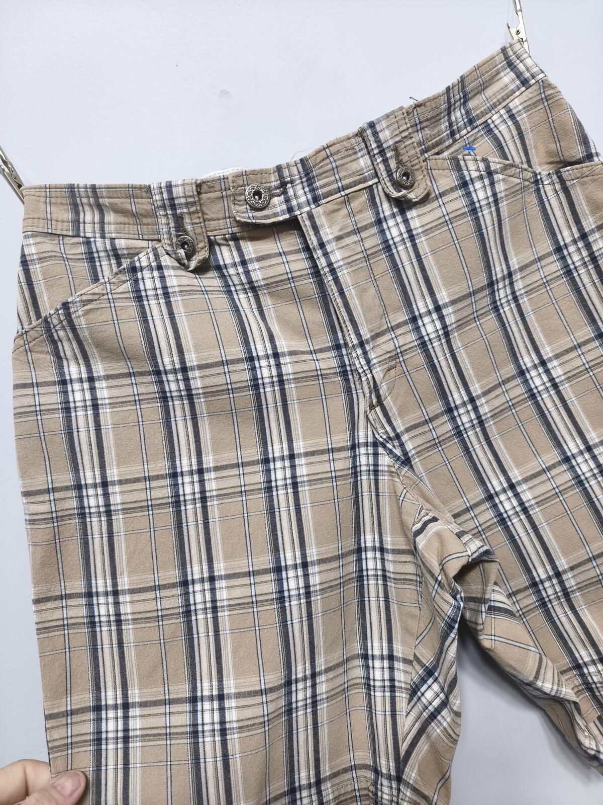 Vintage Lee Plaid Check Shorts Beige Navy Comfort Stretch Summer Prep 32W