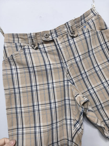 Vintage Lee Plaid Check Shorts Beige Navy Comfort Stretch Summer Prep 32W