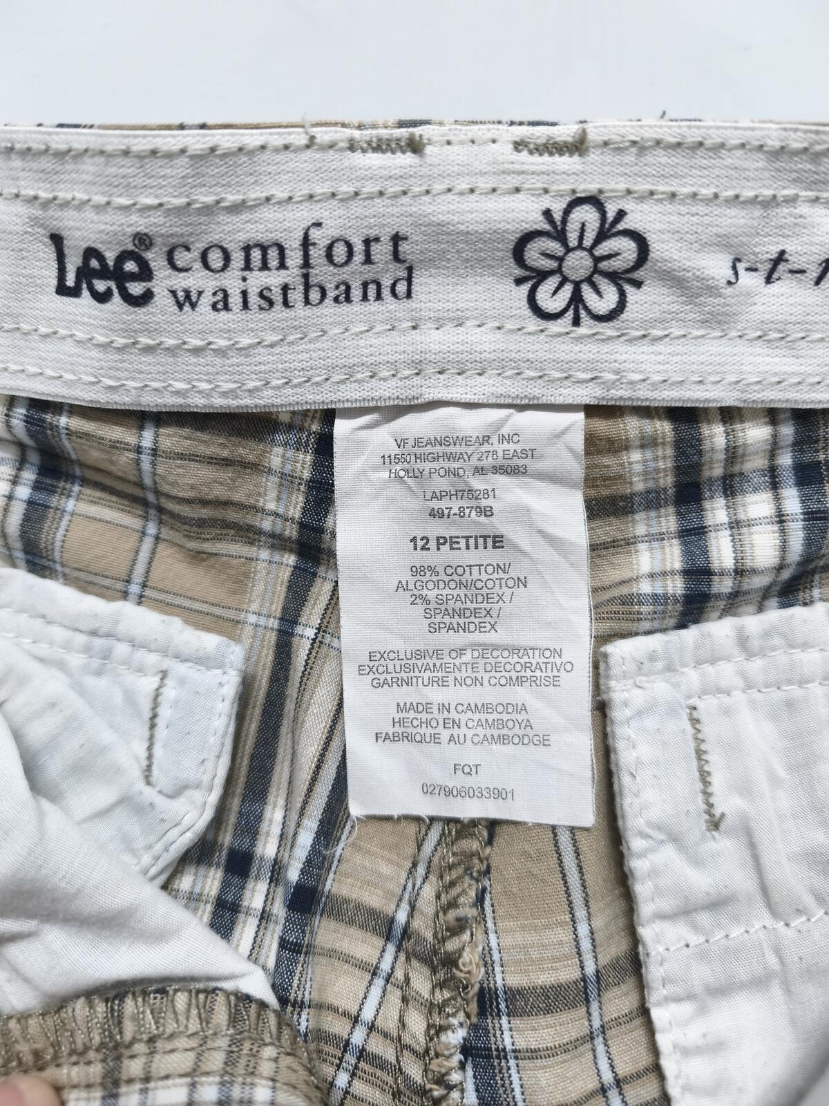 Vintage Lee Plaid Check Shorts Beige Navy Comfort Stretch Summer Prep 32W