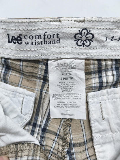 Vintage Lee Plaid Check Shorts Beige Navy Comfort Stretch Summer Prep 32W