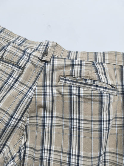 Vintage Lee Plaid Check Shorts Beige Navy Comfort Stretch Summer Prep 32W