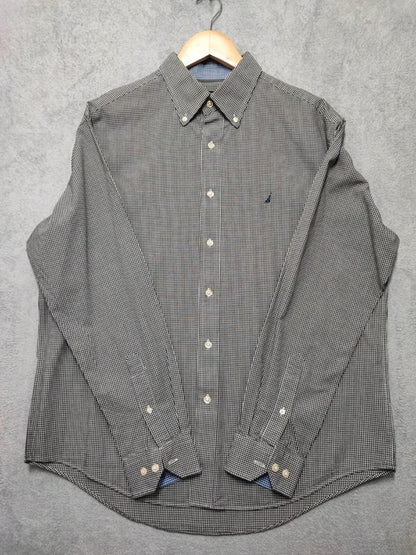 Vintage Nautica Checked Shirt XL Black White Cotton Long Sleeve Plaid 90s Retro
