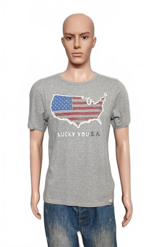 Vintage Lucky You USA Graphic T-Shirt Grey Retro Y2K Men's Size Medium M