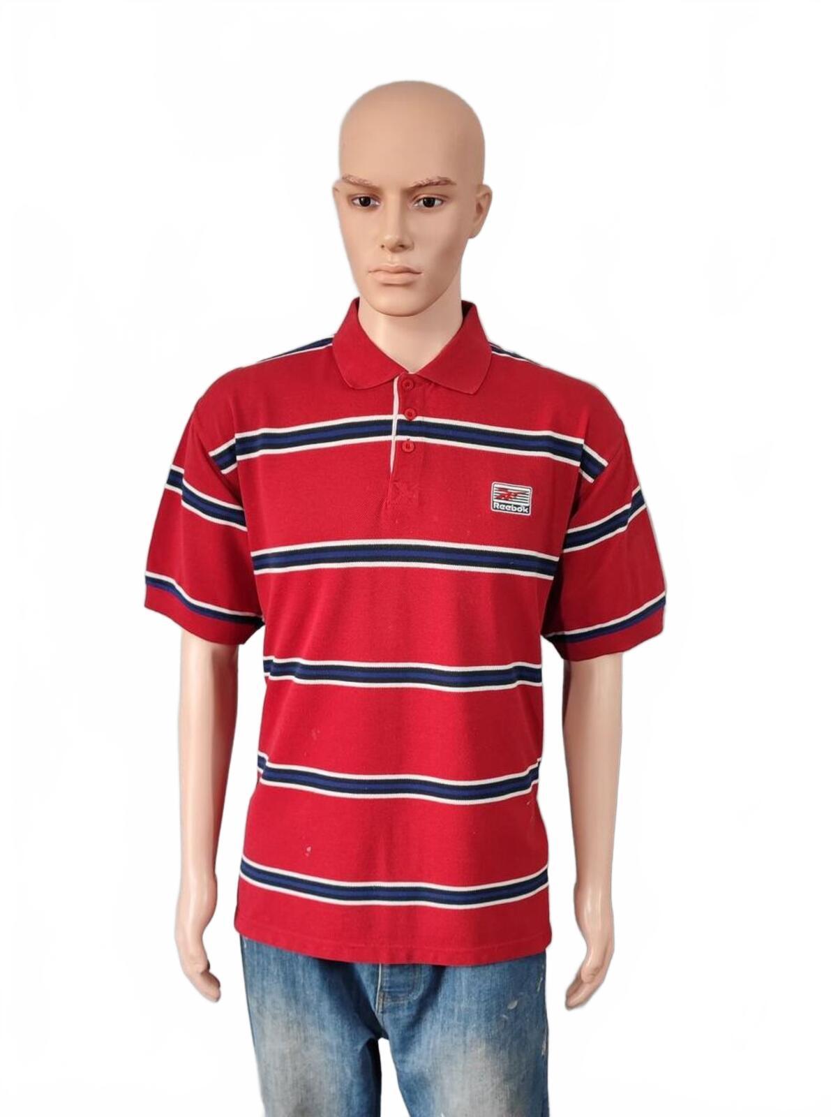 Vintage Reebok Embroidered Polo Shirt Red Blue Striped Retro 90s Men Size XL
