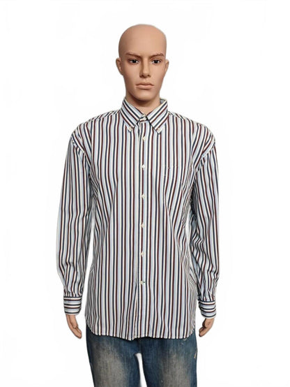 Vintage Tommy Hilfiger Striped Long Sleeve Shirt Burgundy Navy Men's Size XL
