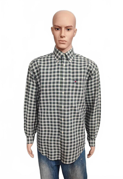 Vintage Tommy Hilfiger Checked Long Sleeve Shirt Green Navy Plaid Men's Size XL