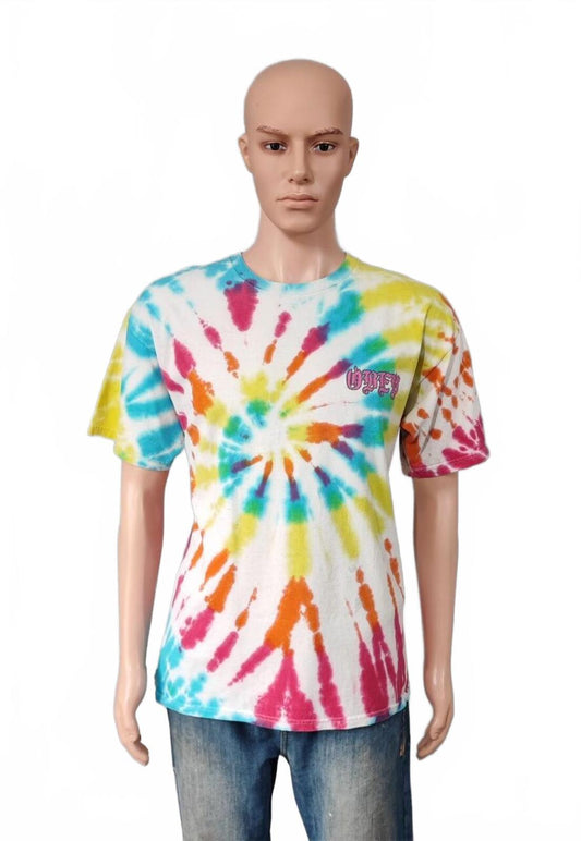 Vintage Obey Tie Dye Graphic T-Shirt Multicoloured Retro Y2K Men's Size Medium M