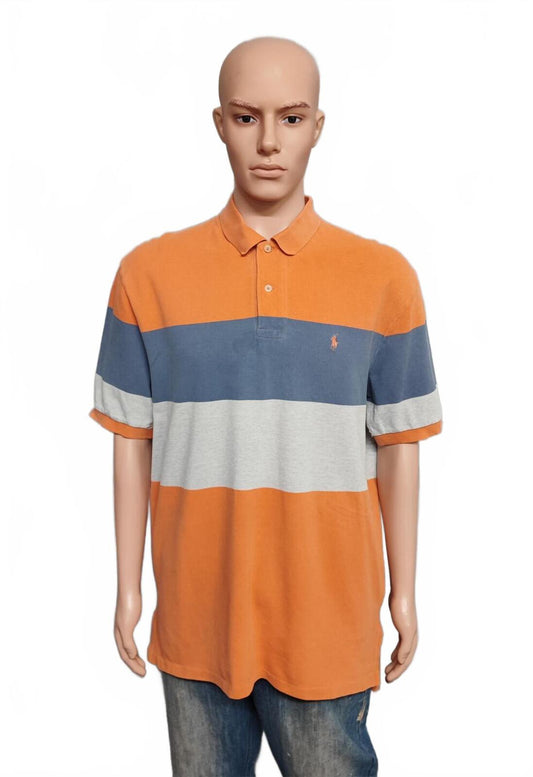 Vintage Ralph Lauren Striped Polo Shirt Orange Blue Grey Retro 90s Men's Size XL