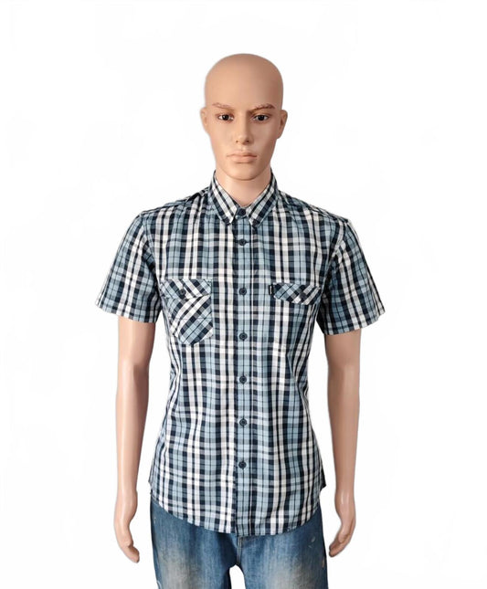 Vintage Bench Checked Short Sleeve Shirt Medium White Black Blue Y2K Retro 90s