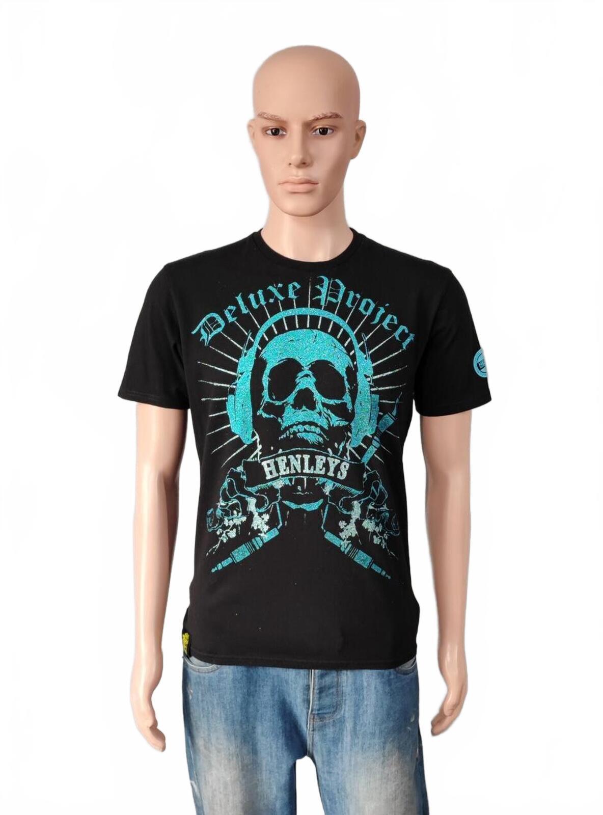 Vintage Henleys Skull Graphic T-Shirt Black Retro Y2K Men's Size Small S