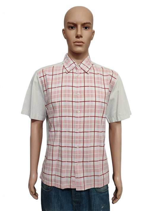 Vintage Boss Orange Contrast Panel Short Sleeve Shirt Pink Cream Men's Size L
