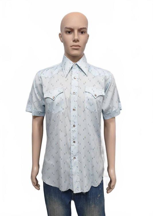 Vintage H Bar C Ranchwear Permanent Press Short Sleeve Shirt Sky Blue Men Size L