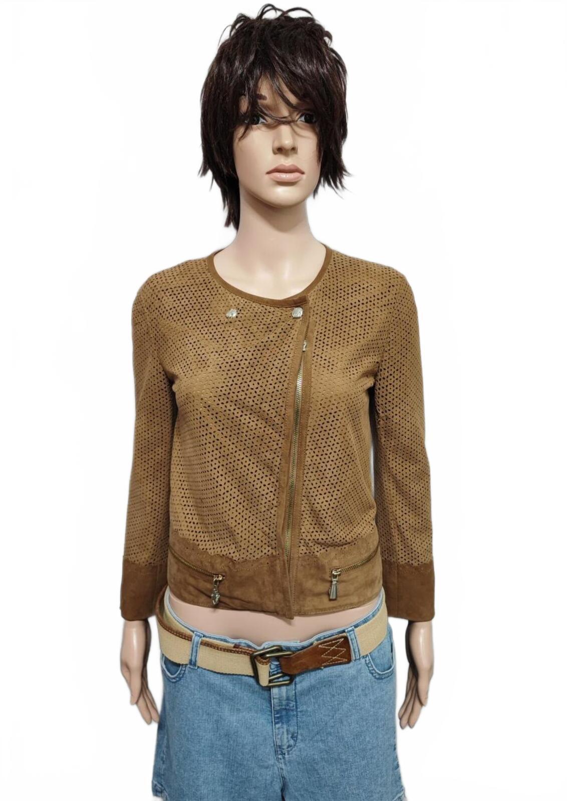 Vintage Versace Jeans Couture Laser Cut Brown Goat Leather Suede Jacket Women S