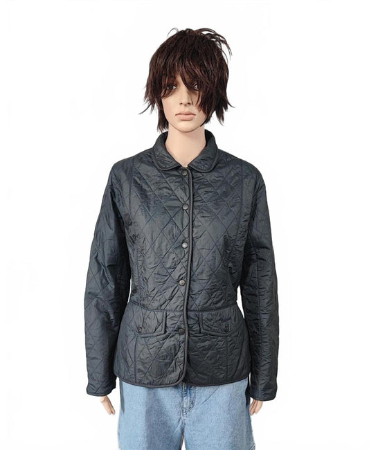 Vintage Barbour Tailored Navy Blue Tartan Lining Quilted Jacket Women Size Large