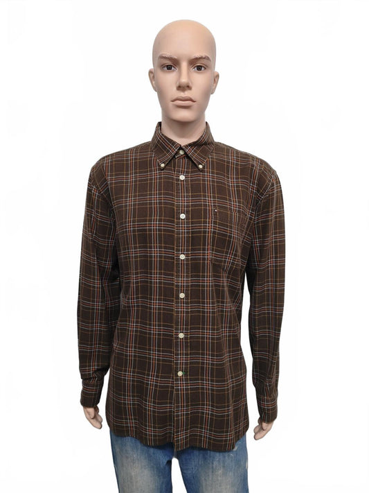 Vintage Tommy Hilfiger Checked Long Sleeve Shirt Brown Orange Men's Size Medium