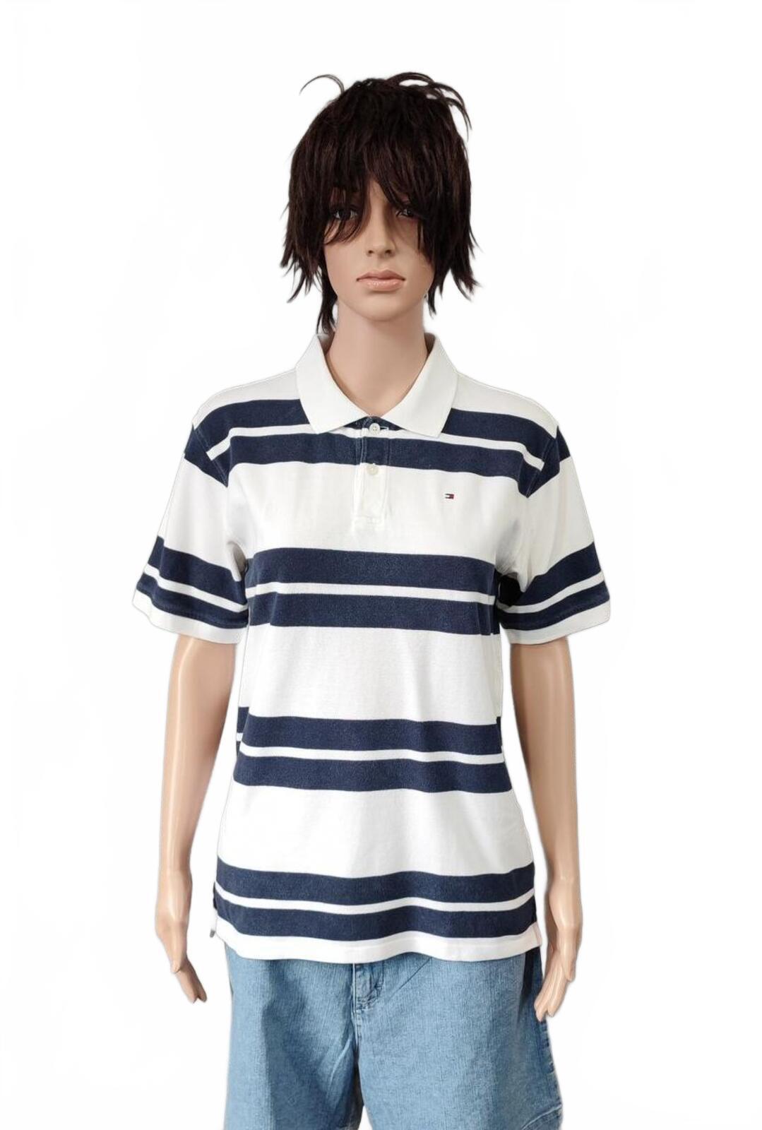 Vintage Tommy Hilfiger Embroidered Stripe Polo Shirt Navy White Retro 90s Size M