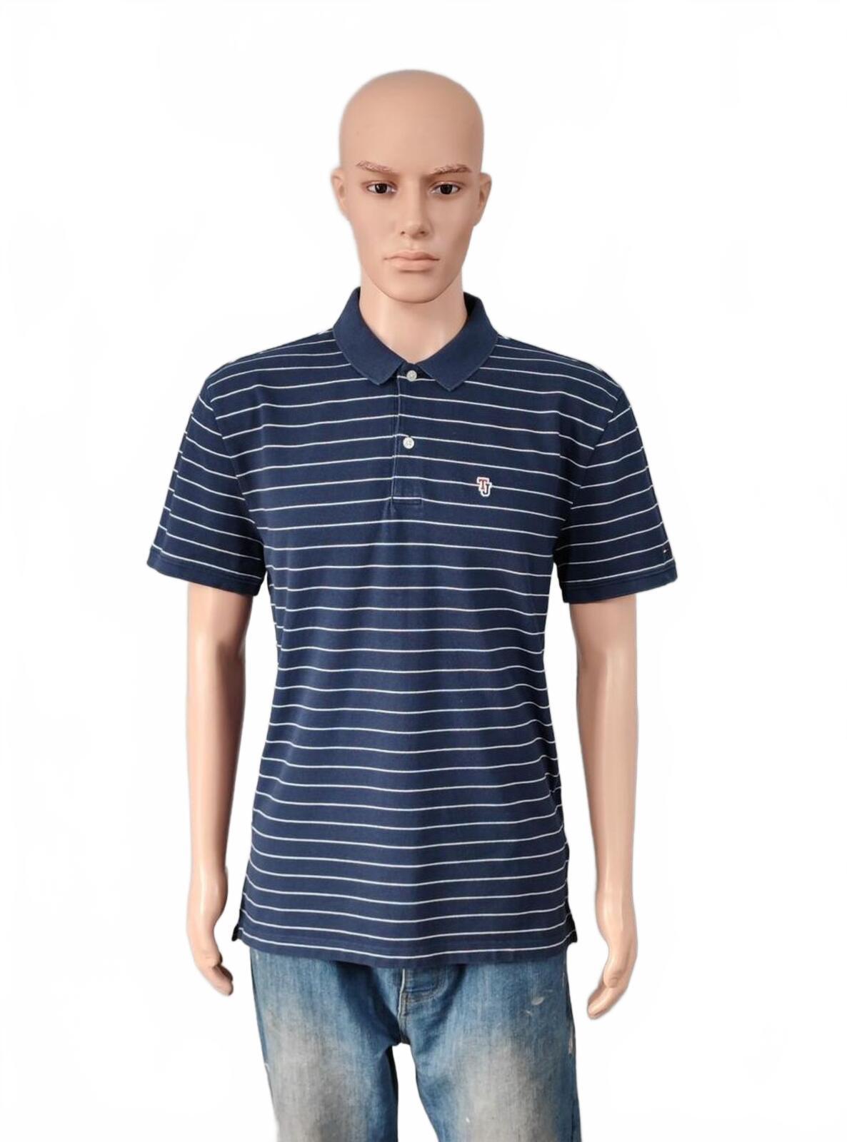 Vintage Tommy Jeans Striped Polo Shirt Navy Blue White Retro Y2K Men's Size M