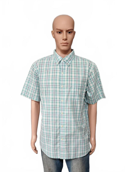Vintage Chaps Checked Short Sleeve Shirt XXL Mint Green Blue 90s Retro Casual Dad