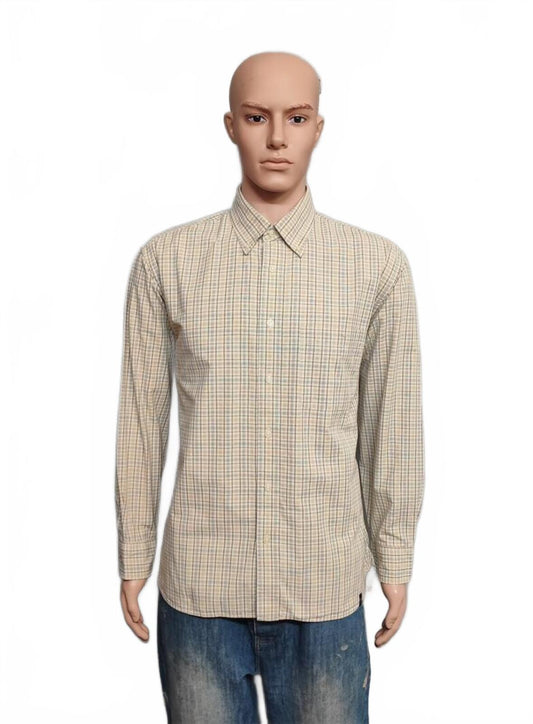 Vintage Izod Checked Long Sleeve Plaid Preppy Oxford Casual Shirt Beige Size L