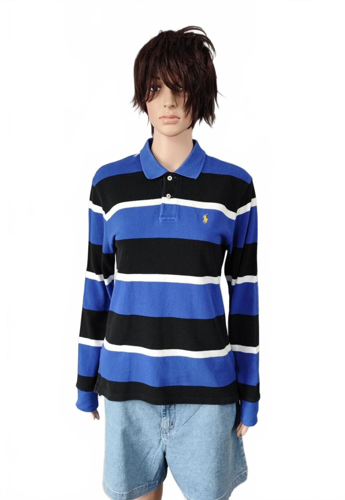 Vintage Polo Ralph Lauren Striped Rugby Shirt Blue Black White 90s Size Small S