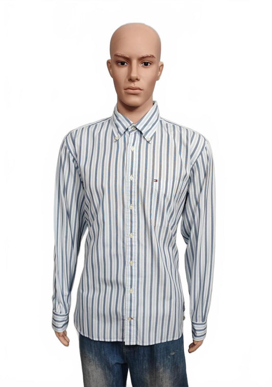 Vintage Tommy Hilfiger Striped Long Sleeve Preppy Shirt Blue Men Size Large