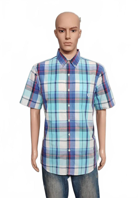 Vintage Chaps Checked Short Sleeve Shirt White Blue Green Men's Size Large XL