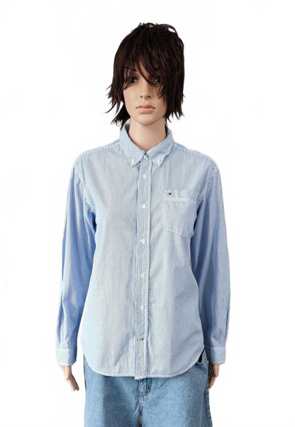 Vintage Tommy Hilfiger Striped Long Sleeve Shirt Blue White Classic Preppy M