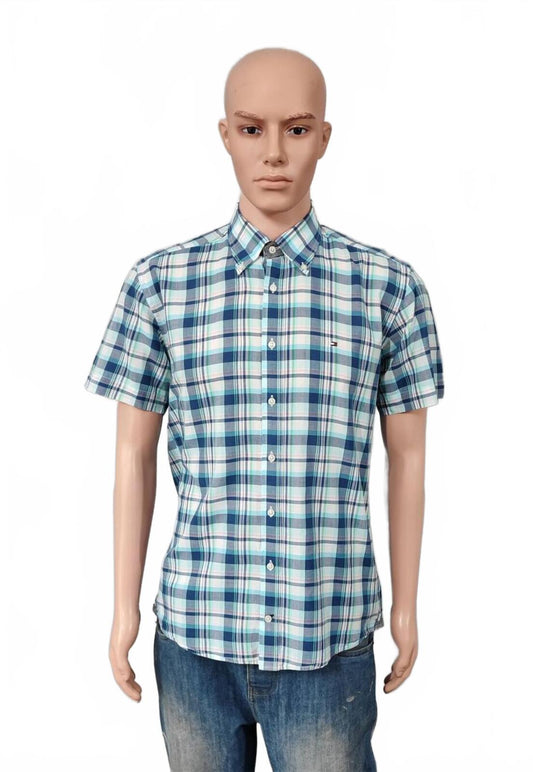 Vintage Tommy Hilfiger Short Sleeve Shirt White Blue Pattern Men's Size Medium M