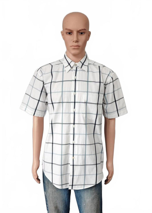 Vintage Nautica Checked Short Sleeve Shirt White Blue Black Casual Men's Size L
