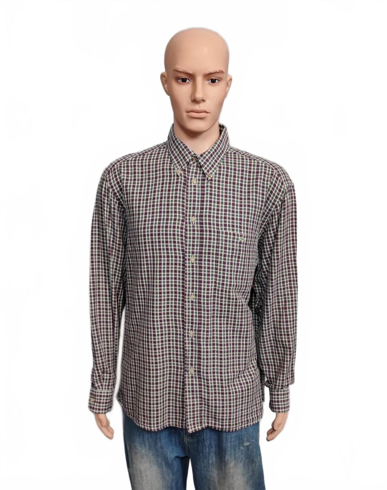 Vintage Lacoste Checked Long Sleeve Shirt Purple Green White Plaid Men Size XL