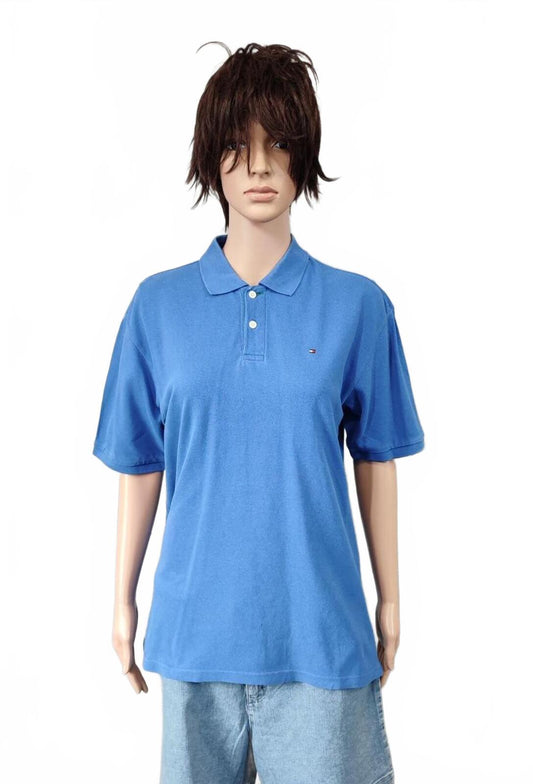 Vintage Tommy Hilfiger Embroidered Logo Polo Shirt Faded Blue Retro 90s Size L