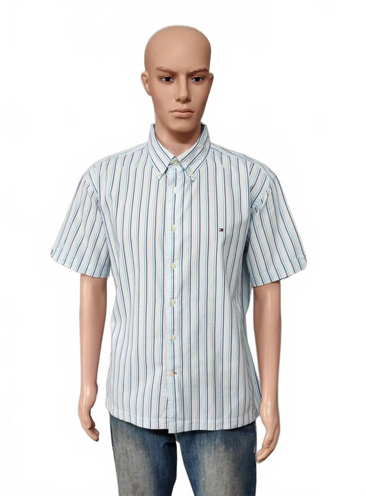 Vintage Tommy Hilfiger Checked Short Sleeve Shirt Blue White Men's Size XL